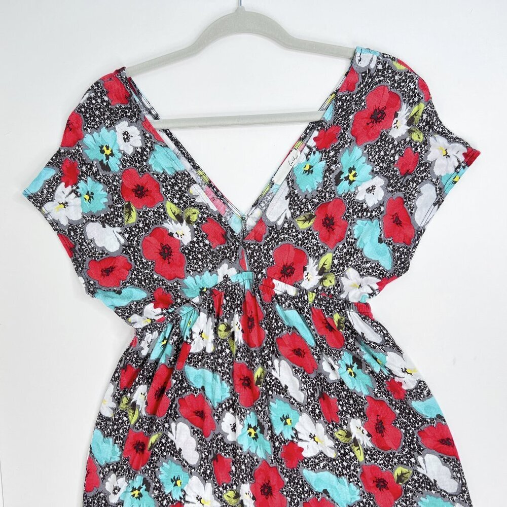 Lush Floral Poppies V-Neck Mini Fit and Flare Dress Black White Red Teal Size M - Picture 2 of 8
